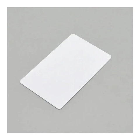 Flat view of 230 Piece Slick White Blank Inkjet Printable Cards Waterproof Plastic Id Business Tags on gray background.