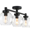 Three Light Globe Ceiling Light Fixture Industrial Flush Mount Vintage Glass Shade Ceiling Lamp For Dining Room Living Room Kitchen Island Hallway Bathroom with clear glass globes and black base.