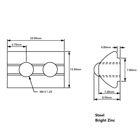 Built Tough Threaded M8 Steel Self Aligning Roll In T Nuts With Ball Spring For 15 40 Series Aluminum Extrusion dimensions diagram