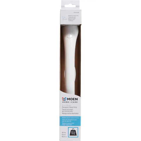 Nine Inch Home Care Designer Hand Grip in Glacier White with Concealed Screws Mounting and 250 Pound Weight Capacity packaging