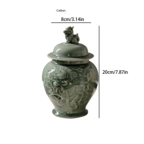 Top Tier Ceramic Airtight Tea Canisters For Loose Tea Leaves And Coffee Beans Hand Embossed Celadon Kirin Design 20cm storage jar