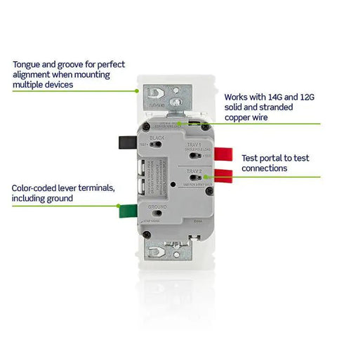 Smooth Ride Rocker Dimmer Switch For LEDs And Incandescents 150 Watt Single Pole Or Three Way Two Pack White back view showing wiring connections.