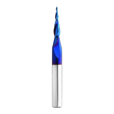 Front view of Pro-Grade 6.2 Degree Tapered Ball Nose Upcut CNC Router Bit 1/4 Inch Shank NACO Coated 2 Flute End Mill