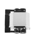 Air assist pump kit for laser cutter; silver metal body with black inlet/outlet fittings, front view.