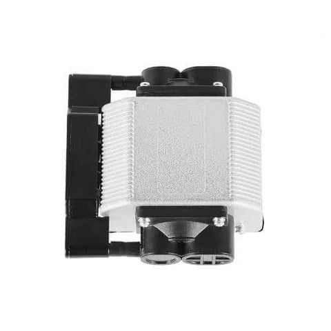 Air assist pump kit for laser cutter; silver metal body with black inlet/outlet fittings, front view.