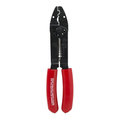 American Made Multi Tool Wire Stripper Cutter And Crimper For 8-22 AWG with red handles, compact 8.5-inch size.