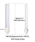 2 Pack 7W GX23 LED plug and play light bulb for low profile fixtures, 13W CFL replacement, magnetic ballast compatible, dimensions shown