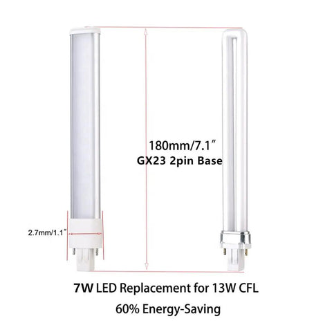 2 Pack 7W GX23 LED plug and play light bulb for low profile fixtures, 13W CFL replacement, magnetic ballast compatible, dimensions shown