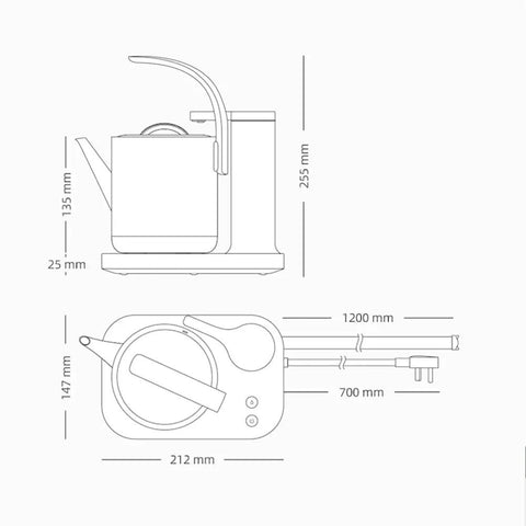 Sleek 850Ml Electric Brewing Kettle With Quick Boil Tech And Smart Auto Pour dimensions and specifications overview.