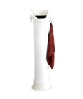 Heavy Duty White Coffee Grounds Storage Bin With Removable Base For Espresso Prep Abs Plastic Matte Finish with a towel hanging.