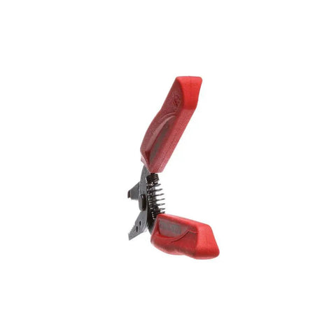 Side view of Compact Wire Stripper And Cutter For 8-16 AWG Stranded Wires, red bi-layer handle, precision ground edges