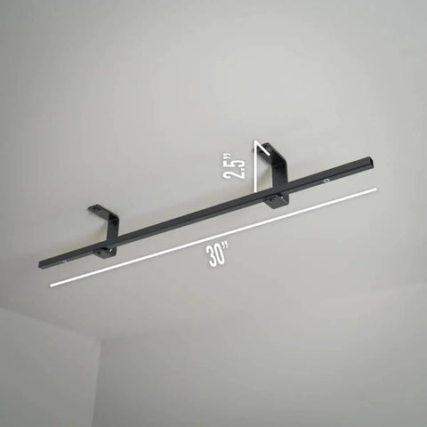 Garage Ceiling Tote Storage Rack With Adjustable Slide Rails For Four Bins installed on a ceiling, shown in black.