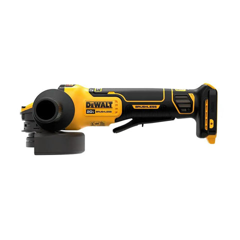 Heavy Duty Angle Grinder With 20V Max FlexVolt Advantage Muscle, side view showing brushless motor design and paddle switch.