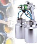 Dual Nozzle Pneumatic Paint Sprayer Featuring 1200 Rpm Speed And Tiny Bore Tip with two stainless steel cups.