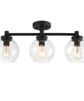 Three Light Globe Ceiling Light Fixture Industrial Flush Mount Vintage Glass Shade Ceiling Lamp For Dining Room Living Room Kitchen Island Hallway Bathroom with black base and vintage bulbs.