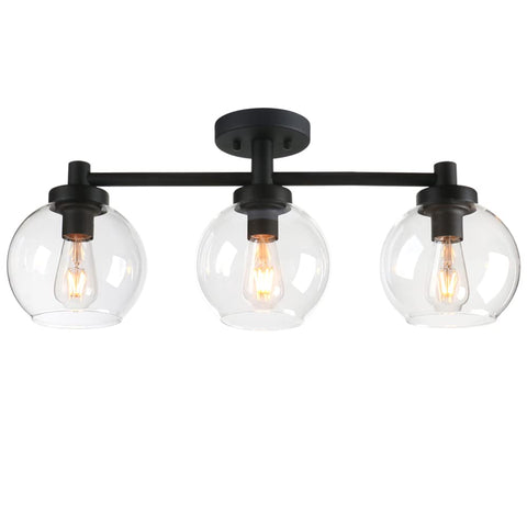 Three Light Globe Ceiling Light Fixture Industrial Flush Mount Vintage Glass Shade Ceiling Lamp For Dining Room Living Room Kitchen Island Hallway Bathroom with black base and vintage bulbs.