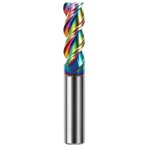 Pro Grade 1/4 Inch Carbide Square End Mill Bit For Aluminum, 2 Inch Overall Length, 1/4 Inch Shank, 3 Flutes, DLC Rainbow Coating
