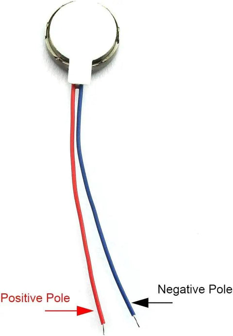 Twenty Pieces 10x3mm DC 3V Micro Flat Coin Vibration Motor with 50mm cable showing positive and negative poles