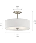 14 Inch 3 Light Semi Flush Mount Ceiling Light Fixture In Brushed Nickel With Satin Etched White Diffuser And White Microfiber Shade
