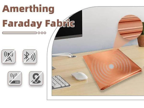 Desk display of Real Talk Copper Faraday Fabric for EMI Shielding, gold color, includes DIY copper tape, 2m by 43 inches, low resistance.
