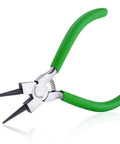 5 Inch Mini Round Nose Pliers For Jewelry Making With Tapered Jaw And Micro Fine Precision Tips, shown from an angle with green handles.