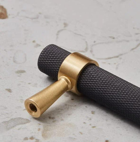 Close-up of Set Of 2 Solid Brass Cabinet Pulls 6.3 Inches Long With 5 Inch Hole Centers Knurled Textured Handles In Gold And Black Finishes