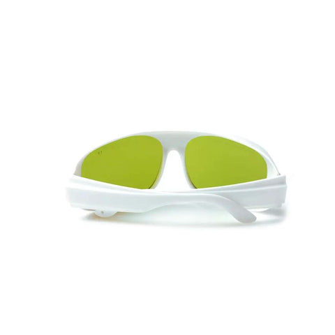 Heavy Duty Infrared Laser Safety Glasses Designed For Nd YAG Shop Crews With Locked In Beam Blocking Armor Purpose Built For 755 808 And 1064 Nm Tasks, green tinted lenses, white frame.