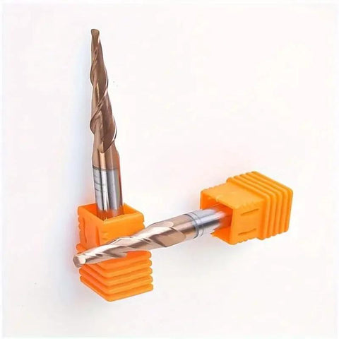 Front view: two orange carbide end mills with spiral flutes held in clamps.