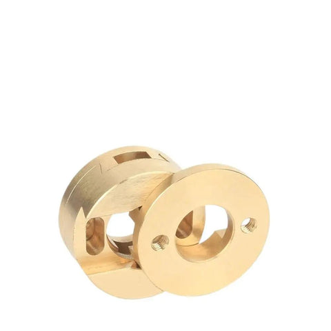 Upgrade Your Print Game With 2pcs 16mm Oldham Couplings For VzBoT And T8 Lead Screws To Slash Z Axis Wobble And Boost Smoothness On Hot Beds. Brass Oldham coupling for T8 lead screws, 16mm bore, shown on white background.