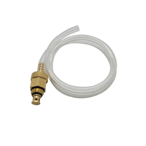 Oil Filter Drain Tool With Release Hose For Toyota Lexus Scion Cartridge Style Filters 2.0L To 5.7L Engines Brass Construction With A 39 Inch PVC Hose Keeps Mess Down And Makes Oil Disposal Quick And Clean, showing brass connector and coiled hose.