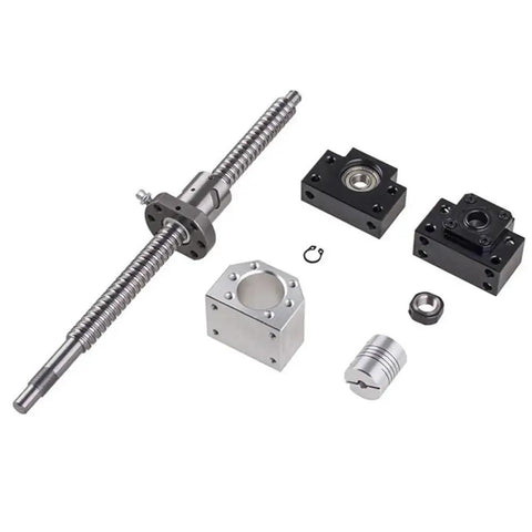 Premium 1 Set SFU1605 Ball Screw Kit With Coupler And Nut Housing For CNC Machining, steel components and accessories laid out on a white background.