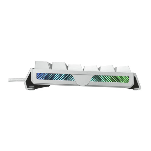 Rig Ready Aluminum Gaming Keyboard Featuring Smooth As Butter Mx2A Red Switches For Lightning Fast Response And Tight Control Paired With Vivid Rgb Lighting Sleek White Build And Reliable Wired Setup Control side view with RGB lighting
