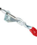 Heavy Duty Vertical Toggle Clamp With Rock Solid 90 Kg Holding Power And Ergonomic Anti Slip Grip For Welding Jigs Metal Fabrication And Quick Release Shop Rig, showing metal construction and red grip.