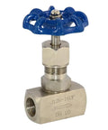 Stainless steel high-pressure needle valve with blue handwheel; 3/8 in female port (front view)