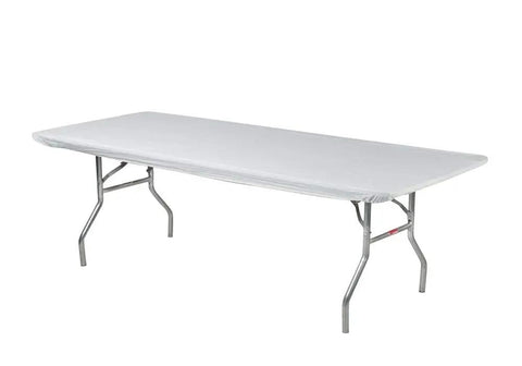 6 Foot 30 Inch By 72 Inch Rectangle White Plastic Table Covers Party Ready Pack Of 5 on banquet table with elastic corners