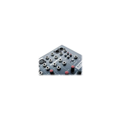 Corner view of EPM8 8 Channel Live Sound Mixer With Dual Aux Buses, XLR And 1/4 Inch Jack Sockets, showing control knobs and jacks.