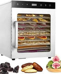 Heavy Duty Commercial Food Dehydrator And Freeze Dryer Combo, 10 Tray 1000W Electric Jerky Machine, 360 Airflow, stainless steel, loaded with dried fruits.