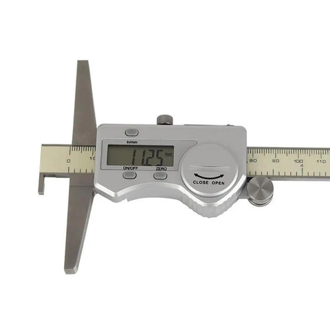 Double‑Hook Digital Depth Gauge Waterproof Stainless Steel Electronic Vernier Caliper with LCD display measuring depth in mm.