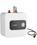 Compact Electric Water Heater 2.5 Gallon On Demand For Instant Hot Water Plug In Cord 110 To 120V 1.44kW UL Listed CSA Listed Multi Mount Floor Wall Or Shelf Ideal For Point Of Use, white mini tank with thermostat control and power cord