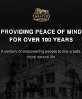 Black and white image with the text 'Providing Peace of Mind for Over 100 Years,' featuring a historic building and the Master logo.