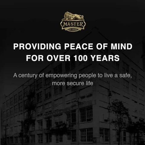 Master lock logo and building with text 'Providing Peace of Mind for Over 100 Years' emphasizing security legacy.