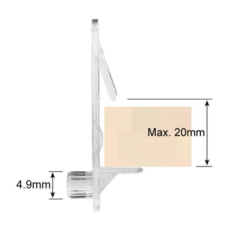 Side view of transparent plastic shelf pin with 4.9mm diameter for twenty piece set self locking plastic shelf pins and clips.