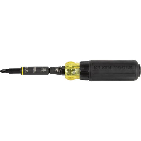 11-In-1 Ratcheting Screwdriver And Nut Driver Kit includes Phillips bit, side view, black and yellow handle, impact-rated.