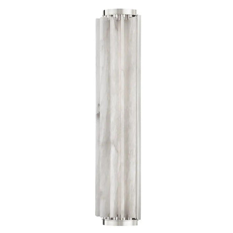 Sleek Modern Wall Sconce with Polished Nickel Finish and Sweeping Spanish Alabaster Fins Creates a Killer Wave Design for Your Living Room, featuring Opal Matte Glass Tube for Ambient Sweet Lighting in Contemporary Style Measuring 24.5 Inches High By 6, showing stylish alabaster fins.