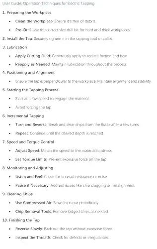 User guide outlining operation techniques for electric tapping, including steps for preparation, lubrication, and speed control.