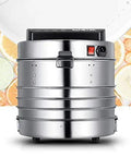 Kid You Not This Heavy Duty Stainless Steel Food Dehydrator with adjustable heat settings and timer displayed on counter.