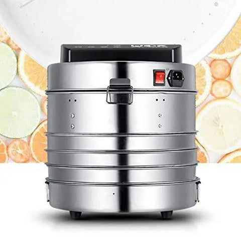 Kid You Not This Heavy Duty Stainless Steel Food Dehydrator with adjustable heat settings and timer displayed on counter.