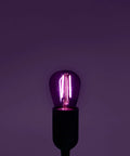 Single purple S14 Edison LED light bulb illuminated, displaying vintage filament glow, suitable for indoor outdoor string lights.
