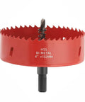 Red 4-inch HSS bi-metal hole saw with triangular shank and center pilot bit with spring