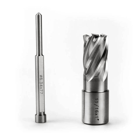 Two-piece annular cutter and mag drill bit set with pilot pin; 11/16 in diameter, 1 in length, Weldon shank